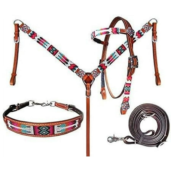 Western Headstall Breast Collar Reins & Wither Straps Tack Set Cowhide Leather Handmade Beaded Tooled Carved Horse Saddle Riding Tooling Carving Equestrian Size Full