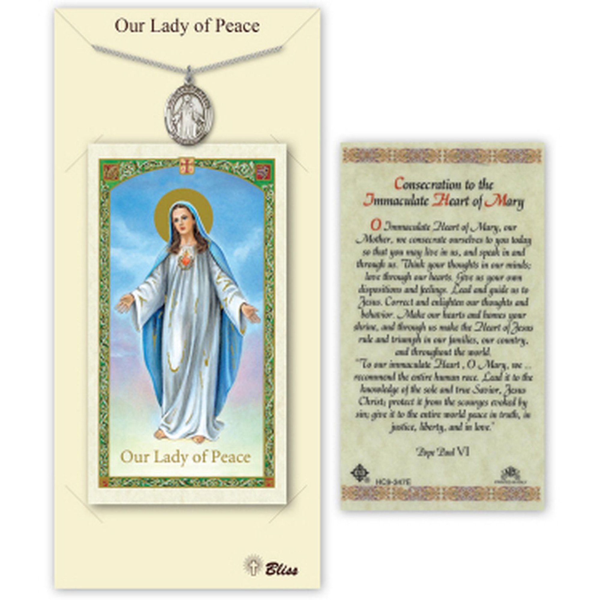Pewter Our Lady of Peace Medal on a 18 inch Lite Curb Chain with a Our Lady of Peace - Consecration Prayer Card.