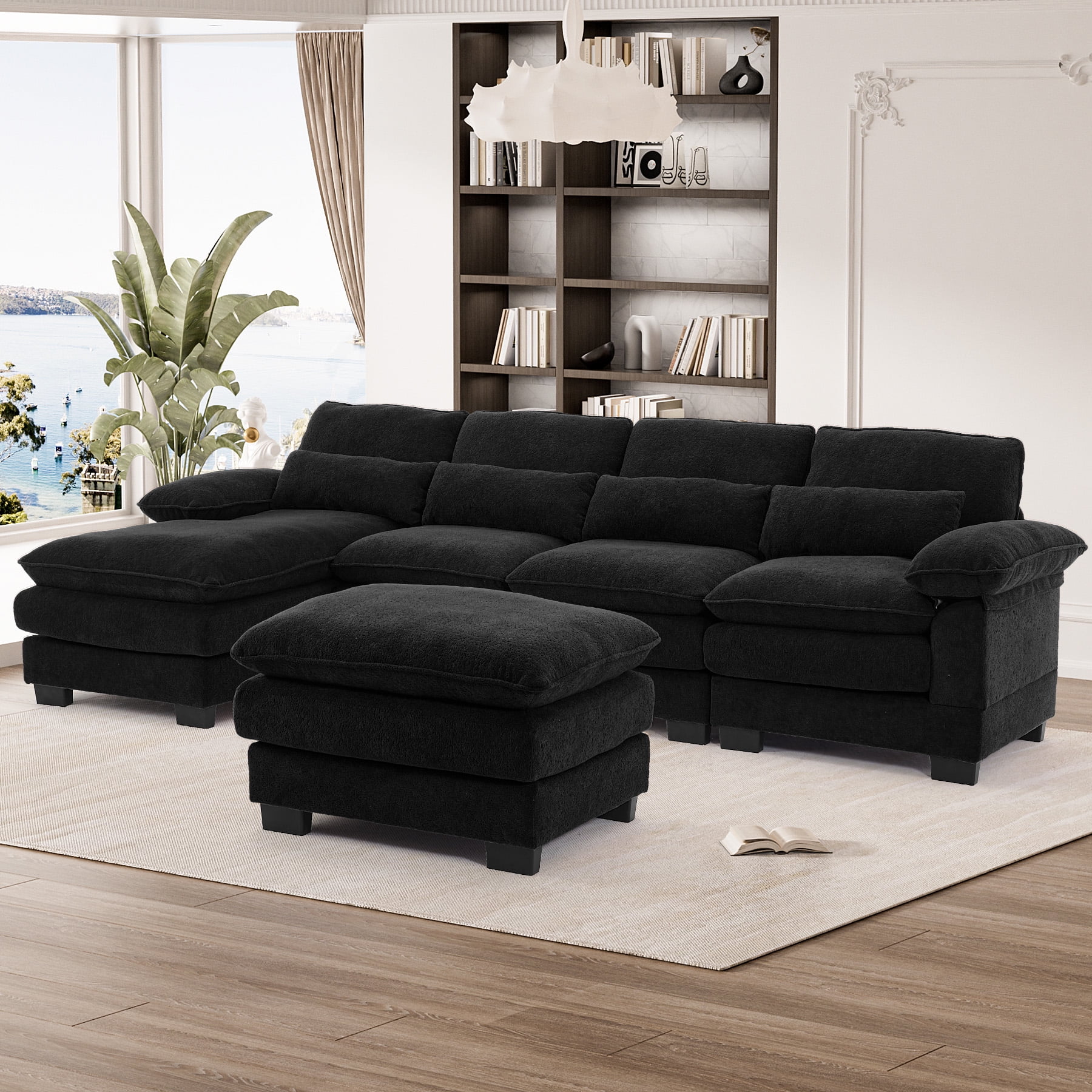 Wiilayok 114" U Shaped Sectional Sofa with Chaise Lounge and Ottoman,Chenille Modular Sectional Sofa Couch for Living Room,Black