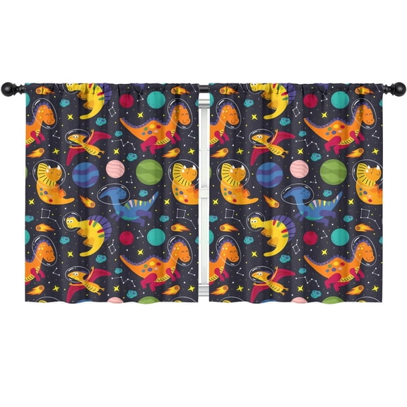 Blackout Kids Curtains,DarkBlue Cartoon Dinosaurs Planets Pattern Childrens Insulated Curtains Set Of 2,Bedroom Essentials,Toddler Room Decor 52"x63"