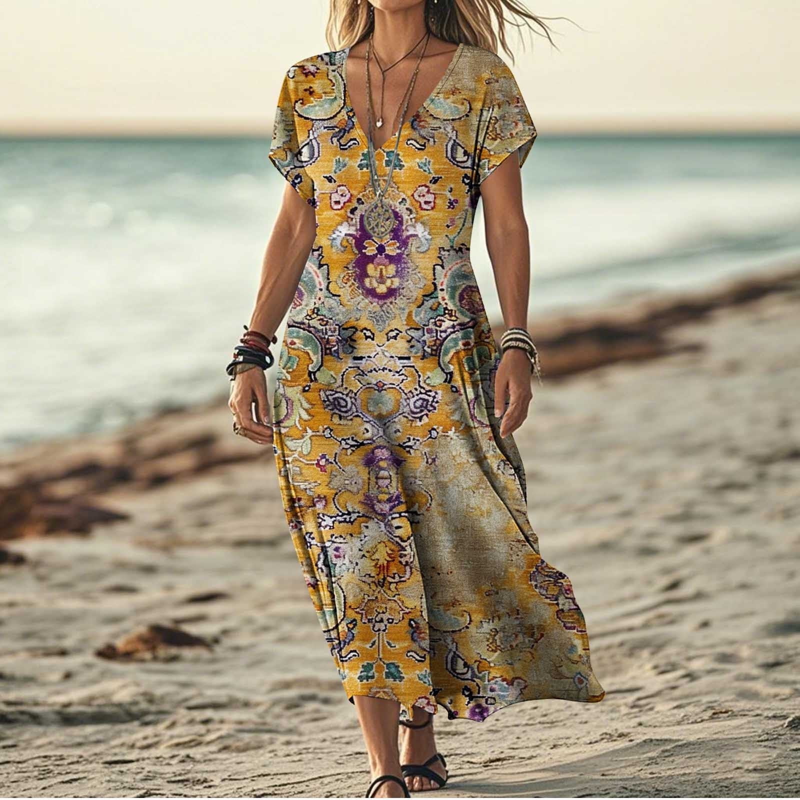Women's 2025 Flowy Boho Maxi Dress - Short Sleeve V-Neck Floral Print