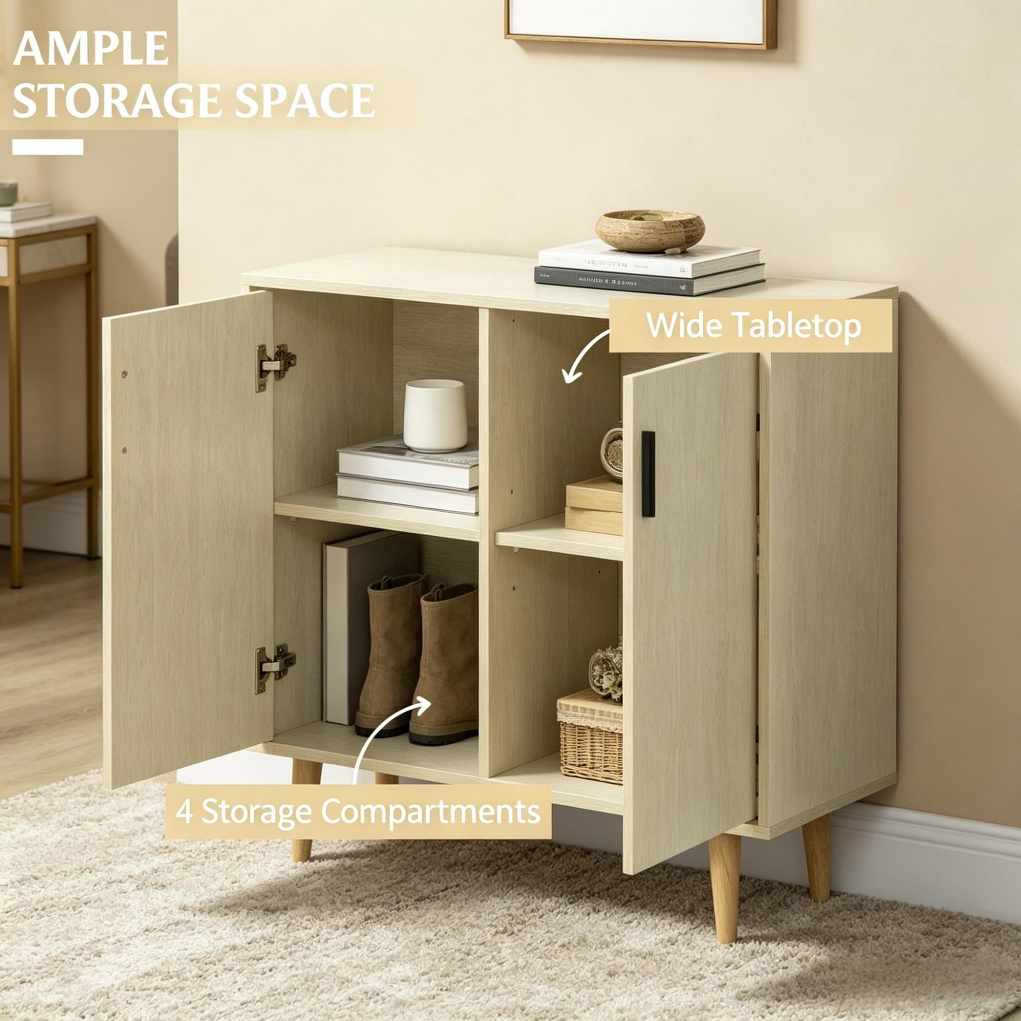 Sideboard Buffet Cabinet with Double Doors Adjustable Shelves And Wood Legs for Kitchen Living Room, Natural Wood