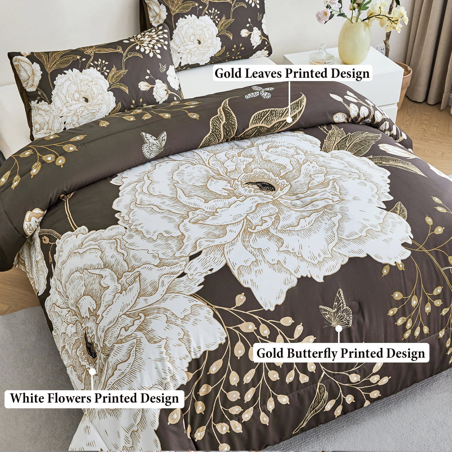 URBONUR 3 Pcs Floral Comforter Set Queen Size, Brown Gold Botanical Bedding Set, White Flower Butterfly Leaves Printed Bed Sets with 2 Pillowcases for Women Men