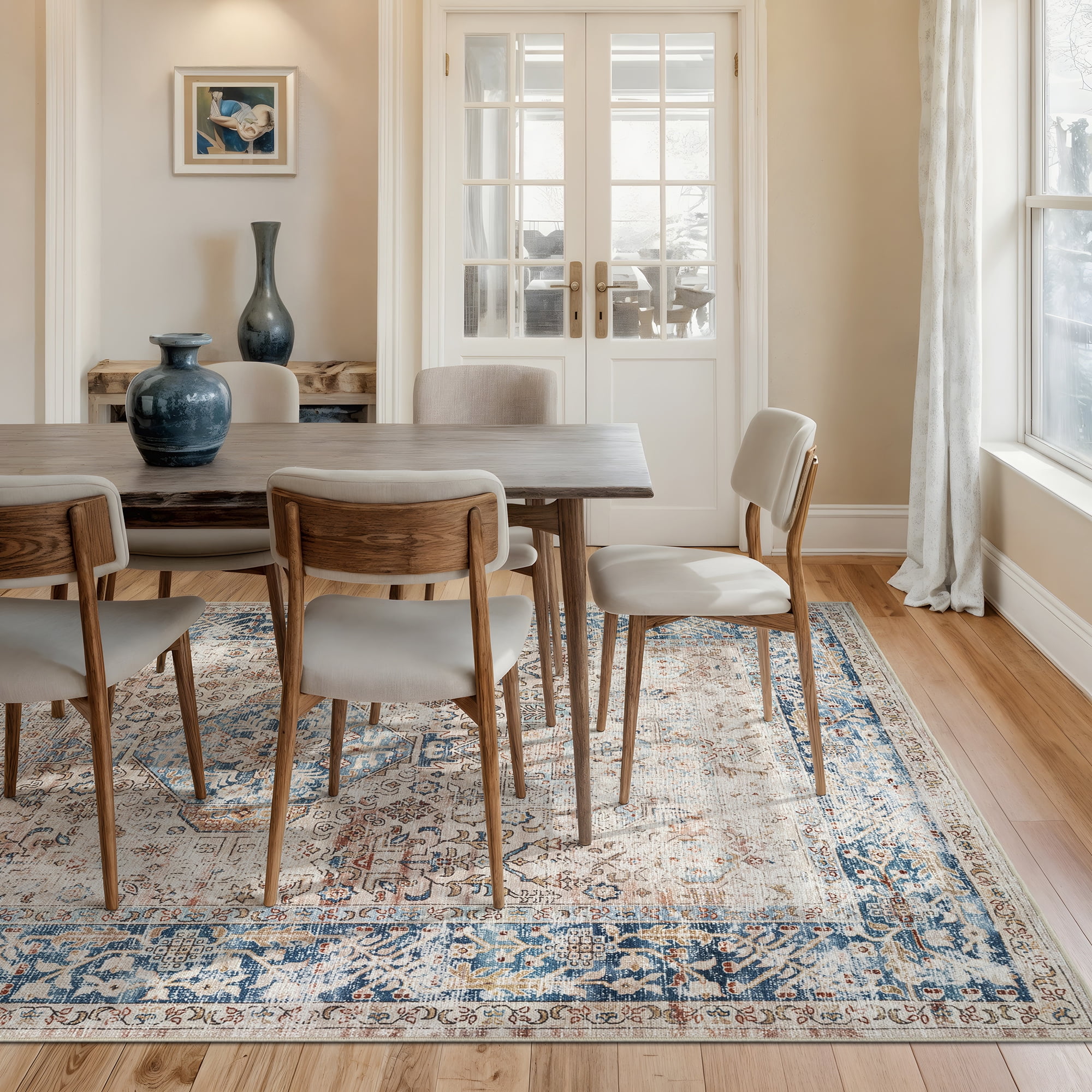 Bloom Rugs Washable Non-Slip 8x10 Rug - Beige / Ocean Blue Traditional Oriental Area Rug for Living Room, Bedroom, Dining Room, and Kitchen - Exact size: 8' x 10'