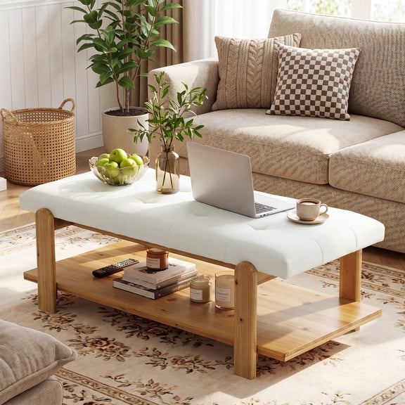 Finmind Ottoman Coffee Table with Solid Wood Frame, Rectangle Large Footrest Upholstered Table with Storage Shelf for Living Room, Off-White & Brown