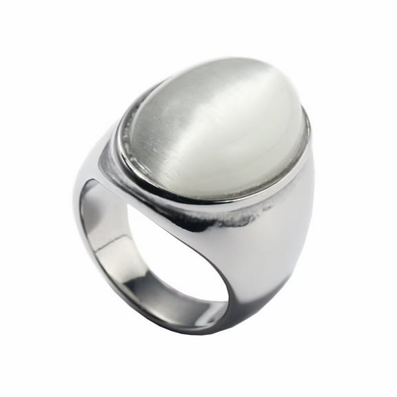 PAMTIER Unisex Stainless Steel Vintage Classic Oval Cut White Agate Gemstone Signet Ring Rhinestones Statement Wedding Band Comfort Fit Silver Size 7