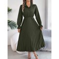 thumbnail image 5 of Women Casual Solid Color Turn-Down Collar Long Dresses Button Flare Sleeves Hundred Pleats Dress, 5 of 7