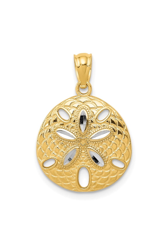 14k w/Rhodium D/C Polished Sand Dollar Pendant in 14k Yellow Gold w/ Rhodium Plating