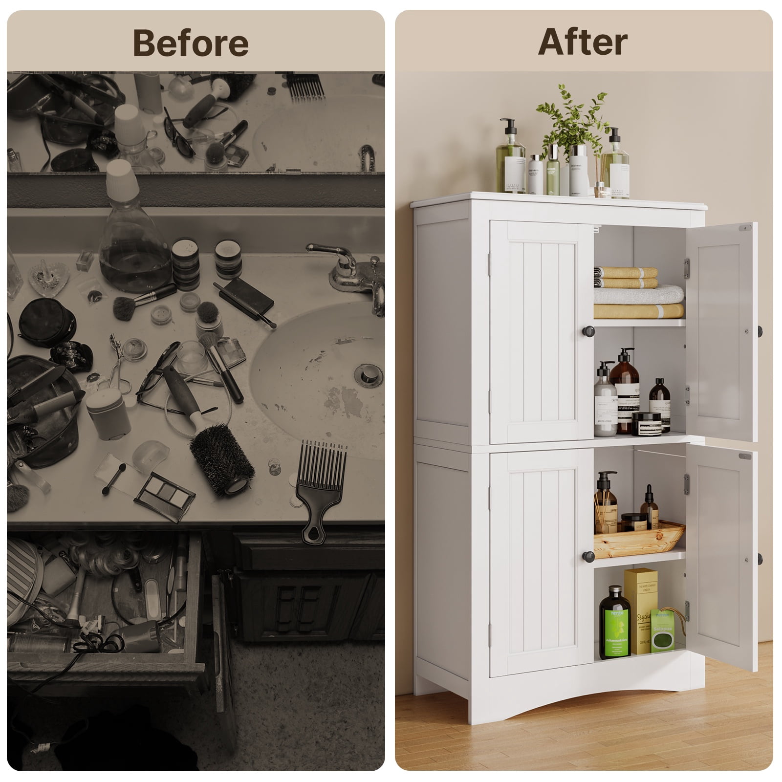 Kitchen Pantry Storage Cabinet with 4 Magnetic Doors and Adjustable Shelves, White