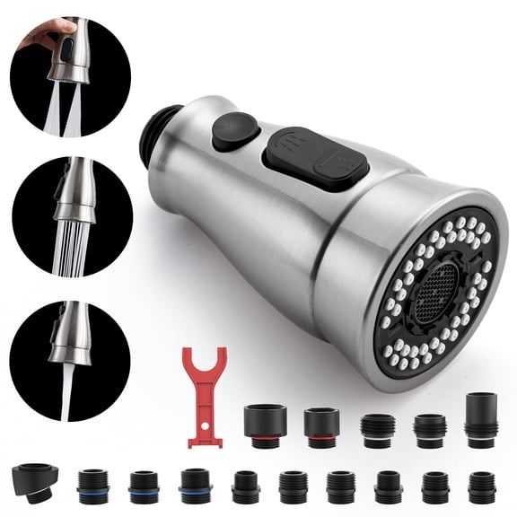 Kitchen Faucet Sprayer Head Replacement - Pull Down Faucet Spray Head with 15 Adapters, Pull Out Faucet Sprayer Nozzle, 3 Function Kitchen Tap Spray Spout Part Connector, Brushed Nickel