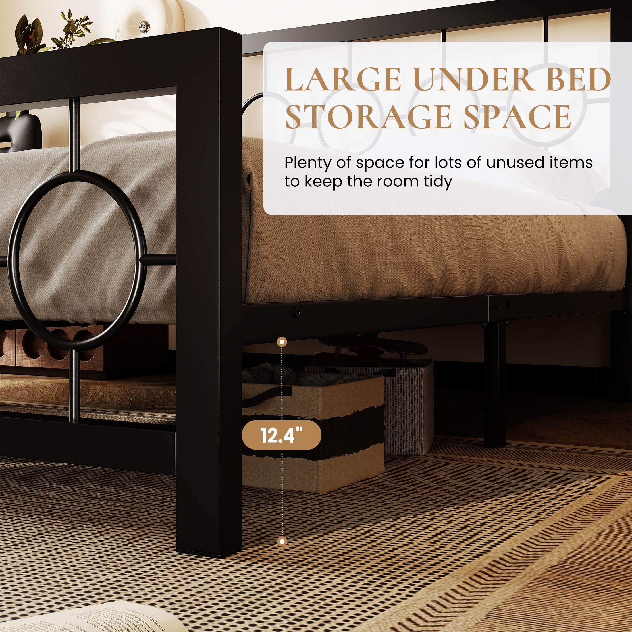 Amolife King Size Bed Frame, Heavy Duty Metal Platform Bed with Vintage Circular Headboard & Footboard, Black