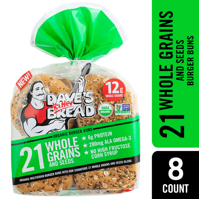 Dave's Killer Bread 21 Whole Grains & Seeds Organic Hamburger Buns Healthy Whole Grain Buns 8 Ct (Pack of 2)