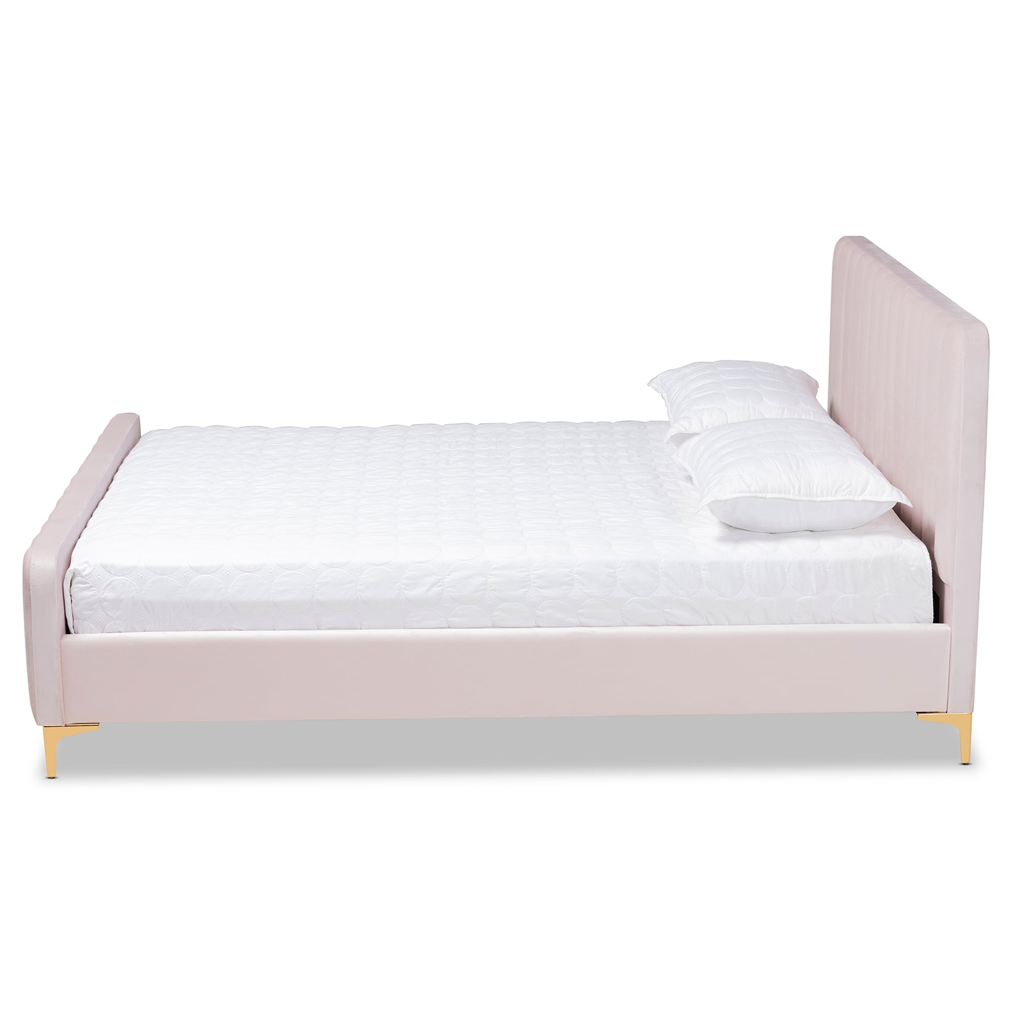 Baxton Studio Nami Full Size Channel Tufted Headboard Modern Platform Bed, Light Pink / Gold