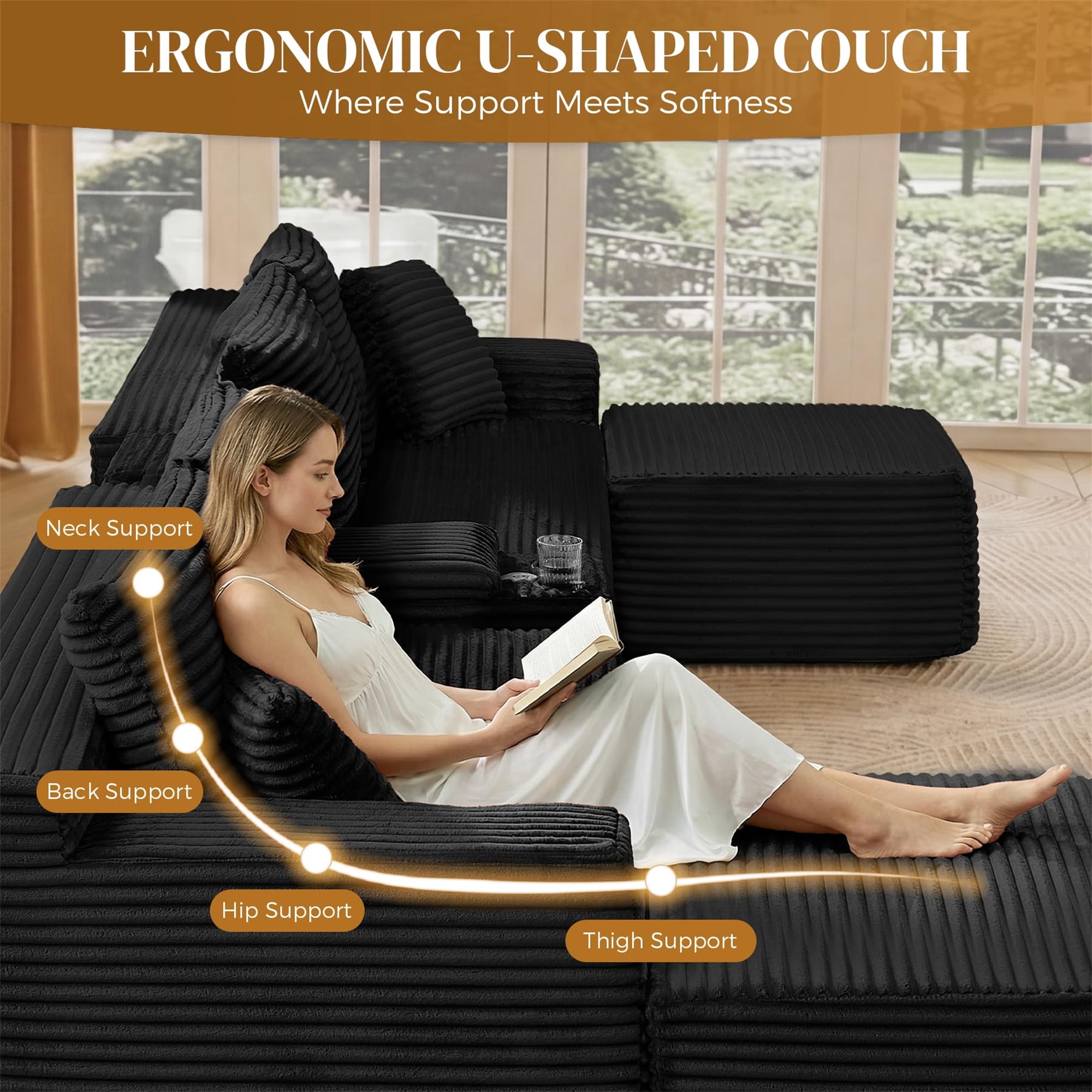 Aukfa 127" U-Shaped Cloud Sectional Sofa Oversized Modular Boneless Couch with USB & Cup Holder Storage Console for Living Room, Corduroy, Black
