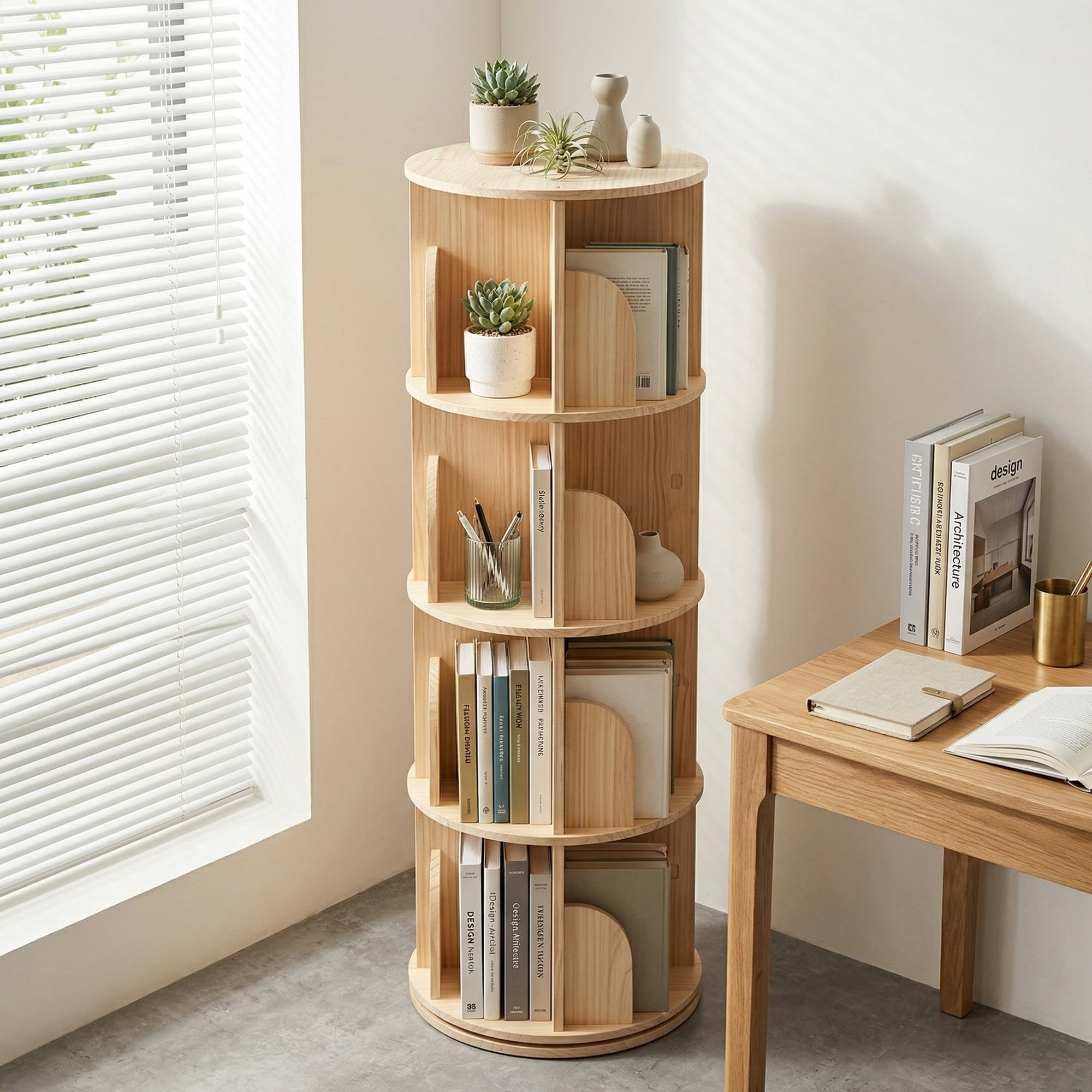 4 Tier Rotating Bookshelf, Round Floor Standing Bookcase with 360° Spinning Storage, Wooden Display Shelf for Books, Décor and Toys, Natural