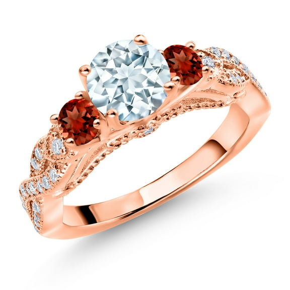 Gem Stone King 18K Rose Gold Plated Silver Sky Blue Aquamarine Red Garnet and White Moissanite Engagement Ring for Women (1.32 Cttw, Gemstone March Birthstone, Round 6MM and 3MM, Size 5)