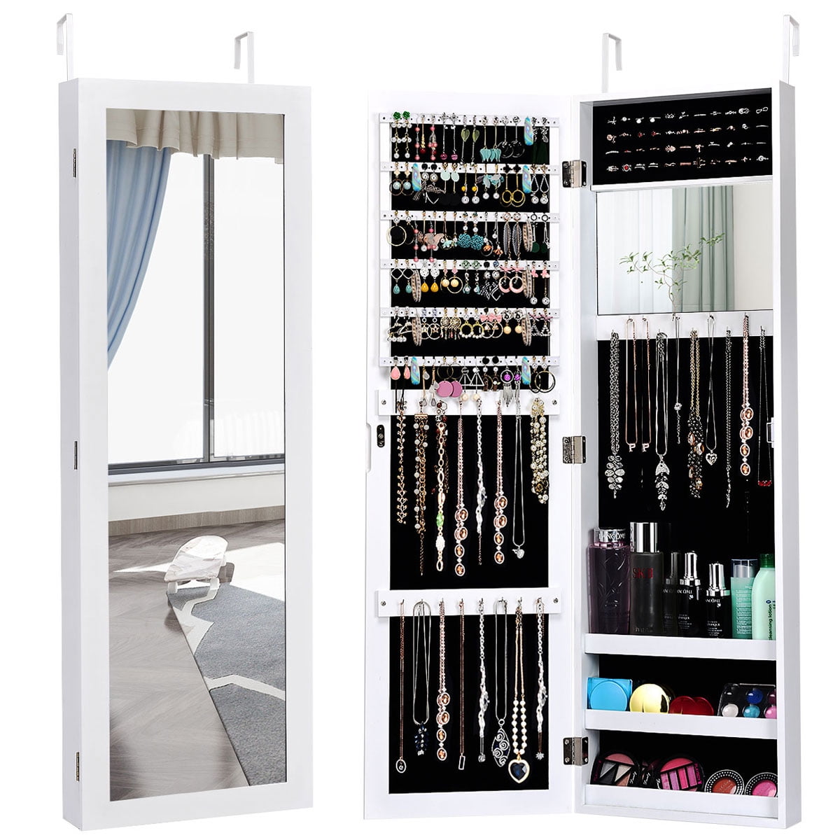 White Jewelry Cabinet Full Length Mirror Storage Organizer Wall Door Mounted 