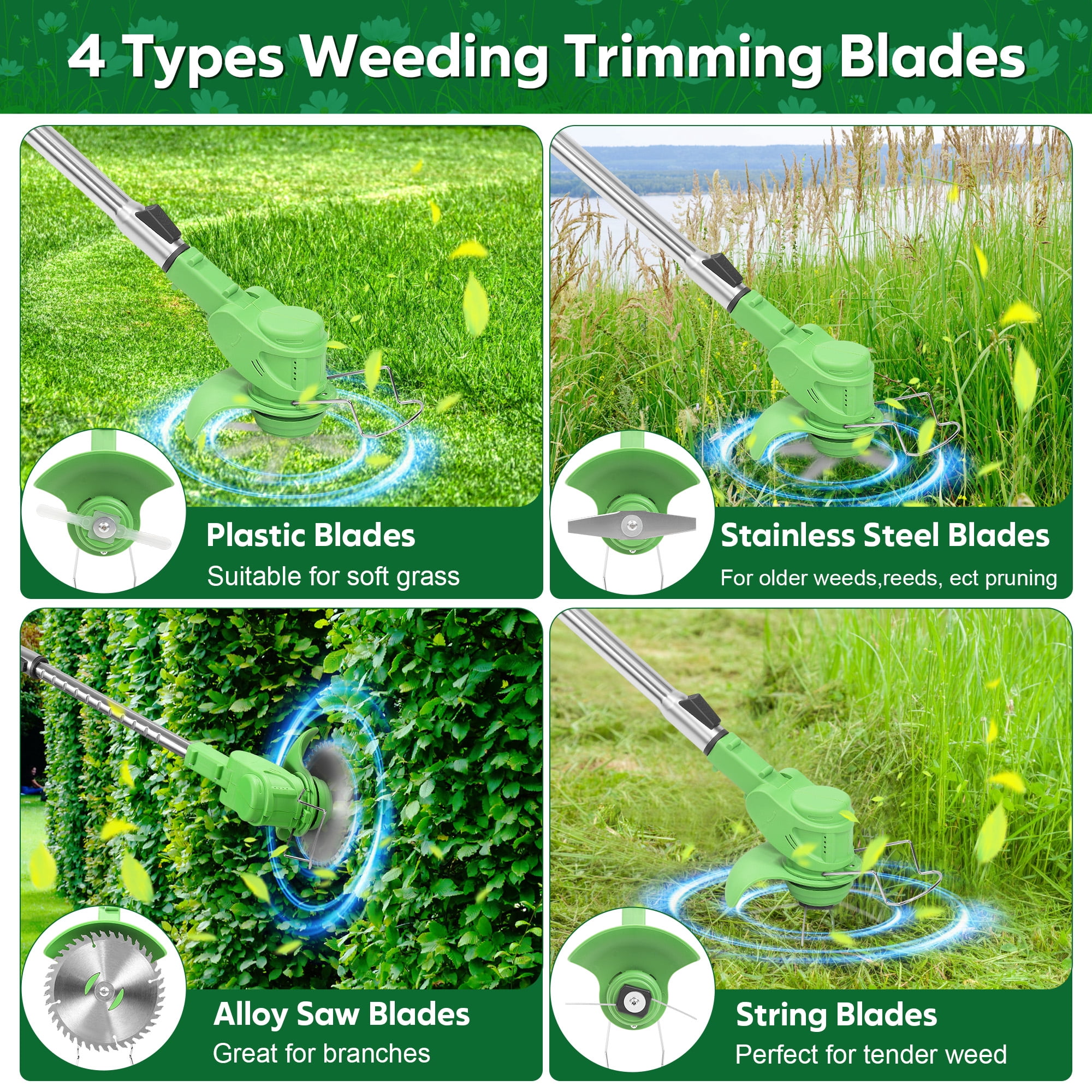 RELOIVE Weed Eater,Cordless Weed Trimmer,Electric Weed Wacker, with 2PCS 3000mAh Batteries and Charger, 5-in-1 String Trimmer with Wheels, 43.3''-53.1'' Adjustable for Garden Yard