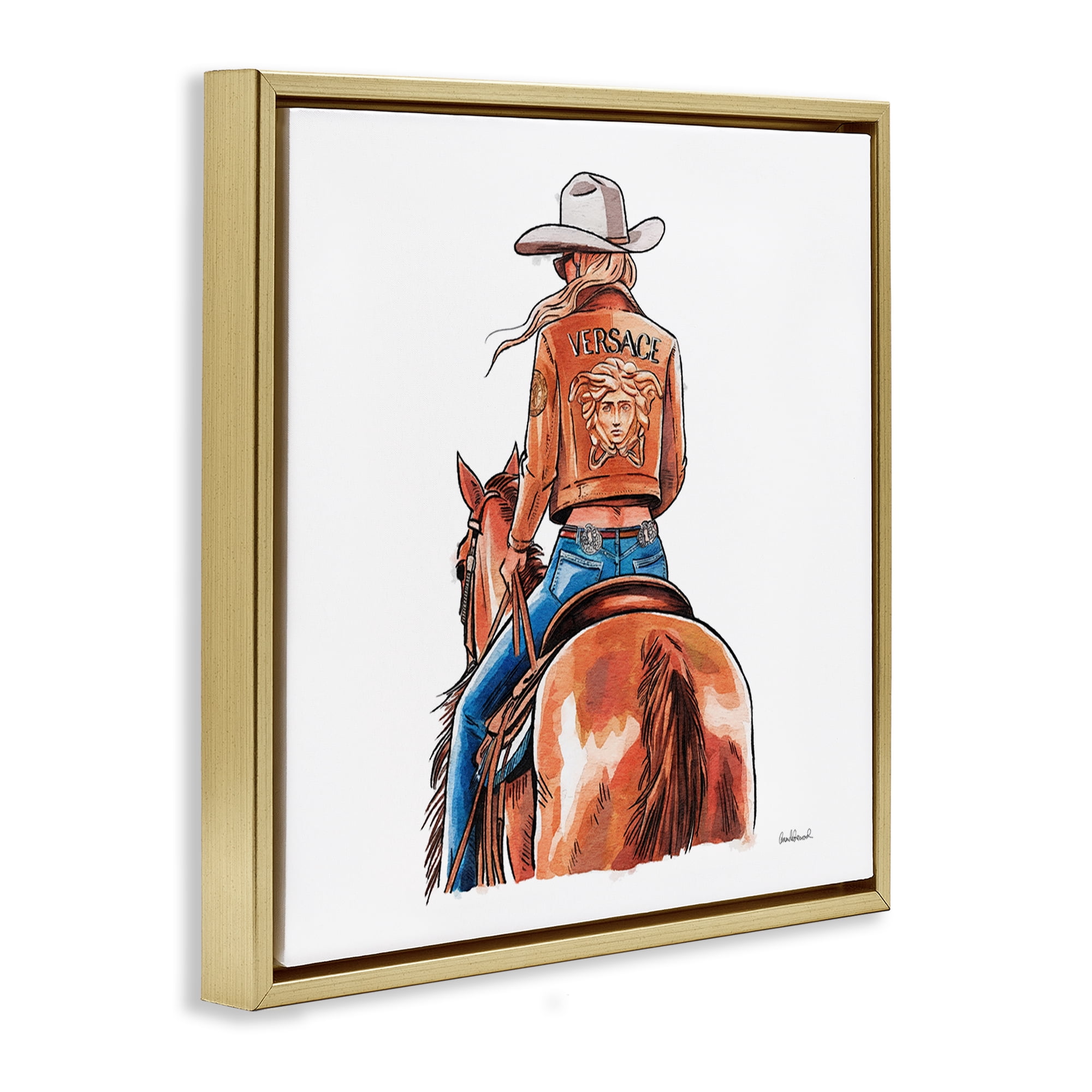 Stupell Industries Glam Cowgirl Jockey People Painting Gold Floater Framed Canvas Art Print Wall Art, 25 x 25