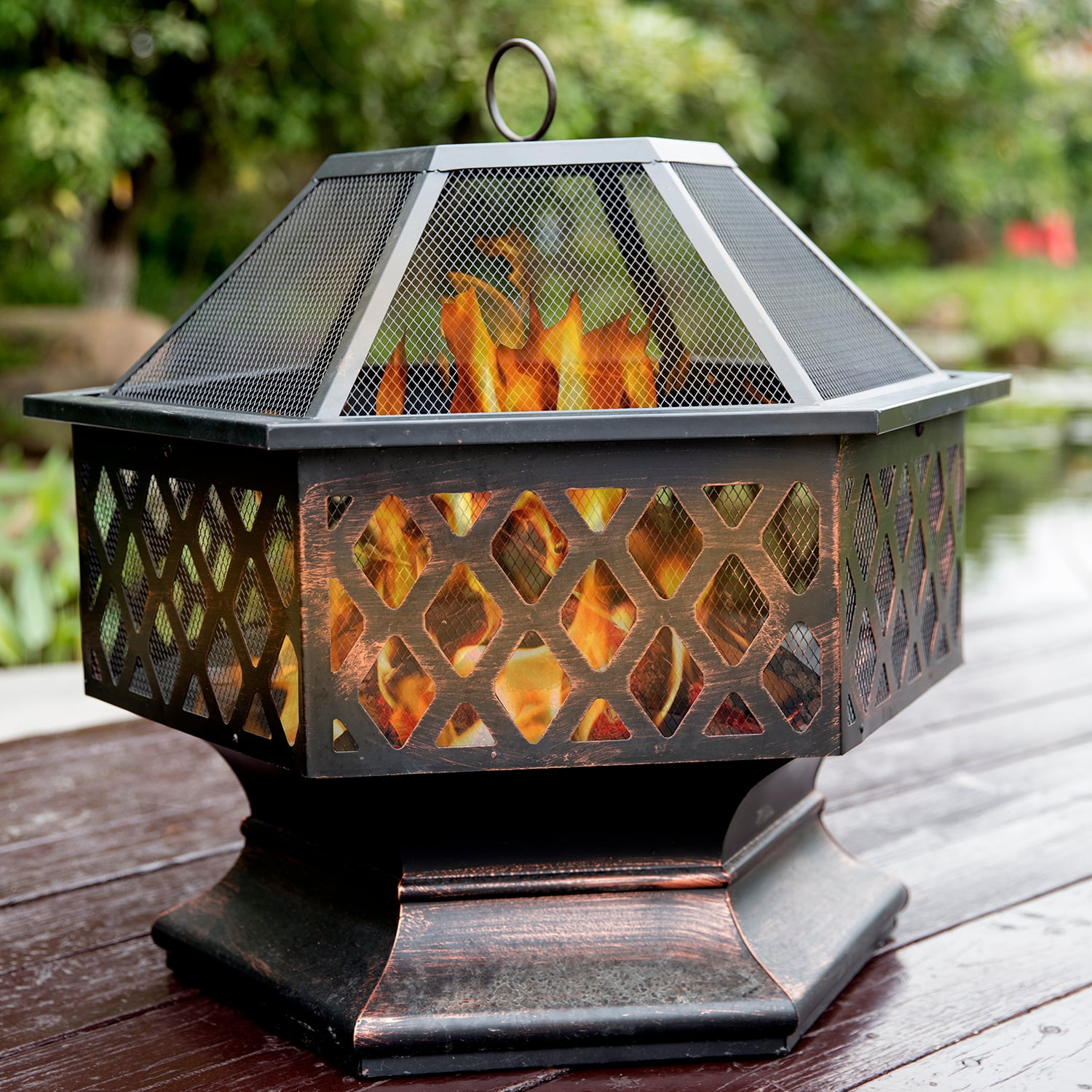 Black BCP 24in Hex-Shaped Fire Pit Decoration w/ Flame-Retardant Lid 