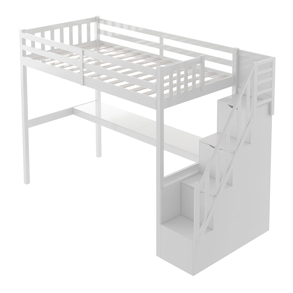 Kadyn Wooden Loft Bed with Storage Stairs, Under-bed Desk and Gaming Area, Twin, White Kadyn Wooden Loft Bed with Storage Stairs, Under-bed Desk and Gaming Area, Twin, White
