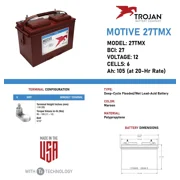Trojan 27TMX 12V Flooded Lead Acid Battery, 105 Ah