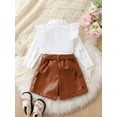 thumbnail image 3 of CIYCuIT Little Girls Skirts Set Solid Color Long Sleeve Lapel Button Shirt Tops + PU Leather Shorts with Belt 2Pcs Outfits Toddler Kids Daily Clothes 1T 2T 3T 4T 5T 6T, 3 of 8