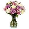 Rejuvenate by Arabella Bouquets with Free Hand-Blown Glass Vase (Fresh-Cut Roses, Purple, White)
