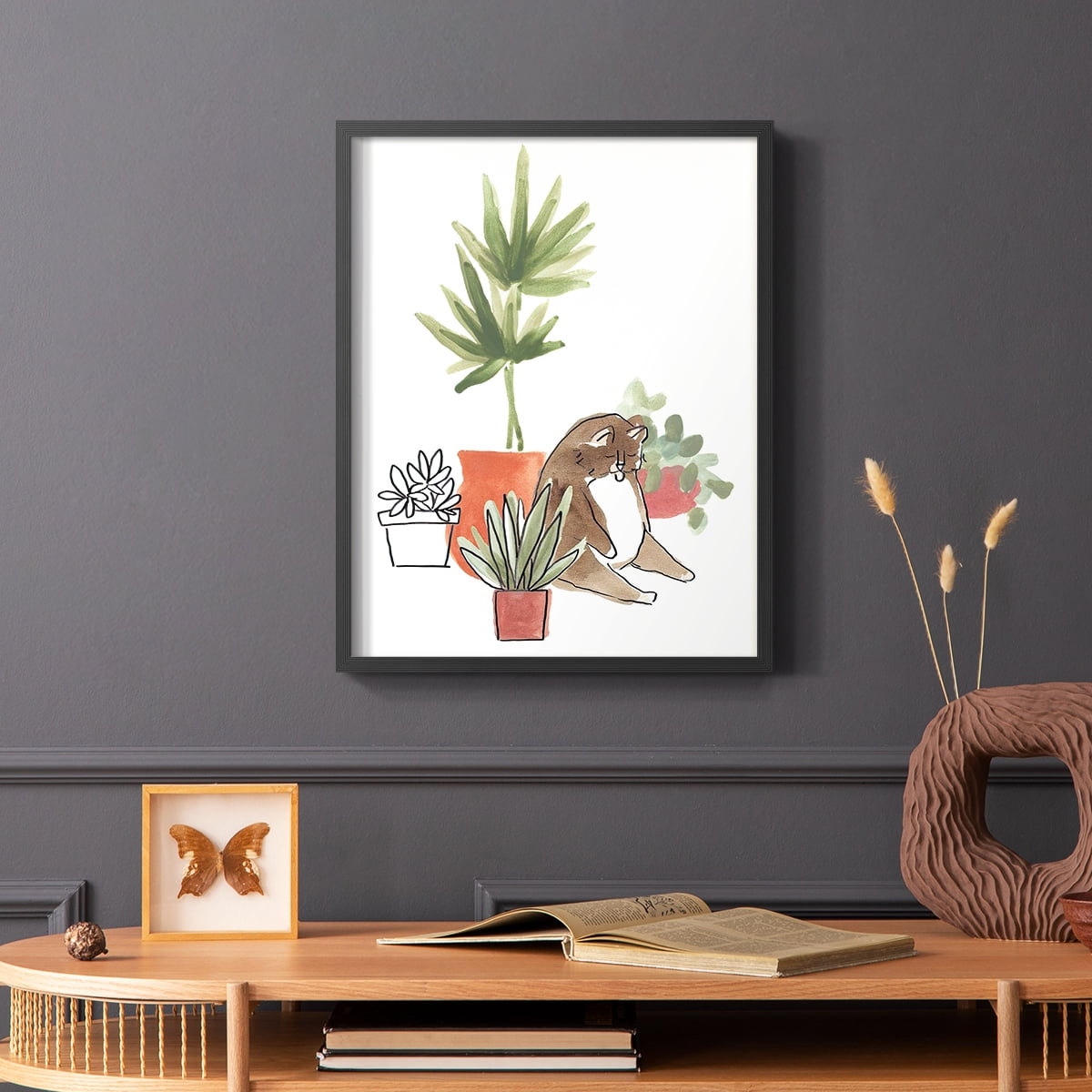 Purrfect Plants II Framed Print in Black Solid Wood Framed Print No Nail Hanging
