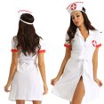 thumbnail image 3 of Disfraz de enfermera para mujer, disfraz de Halloween, traje de cosplay, cuello de solapa, manga corta, vestido de uniforme abotonado con cinturón y sombrero, 3 of 5