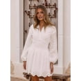 thumbnail image 4 of Women'S Spring Long Puff Sleeve Mini Dress Hollow Out Lace V Neck A Line Ruffle Casual Party Dresses White XL, 4 of 9