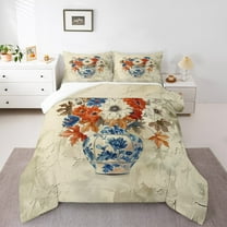 Manfei Retro Rustic Flower Queen Comforter Set,Country Floral Bedding Sets,Beige Blue Orange Bedding Comforter Set For Girls,Ultra Soft Home Decor,3 Pieces