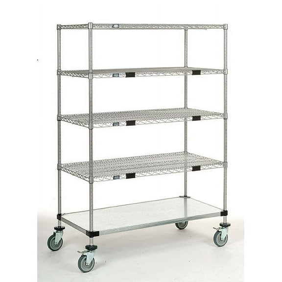 14" Deep x 36" Wide x 60" High 1200 lb Capacity Mobile Unit with 4 Wire Shelves and 1 Solid Shelf