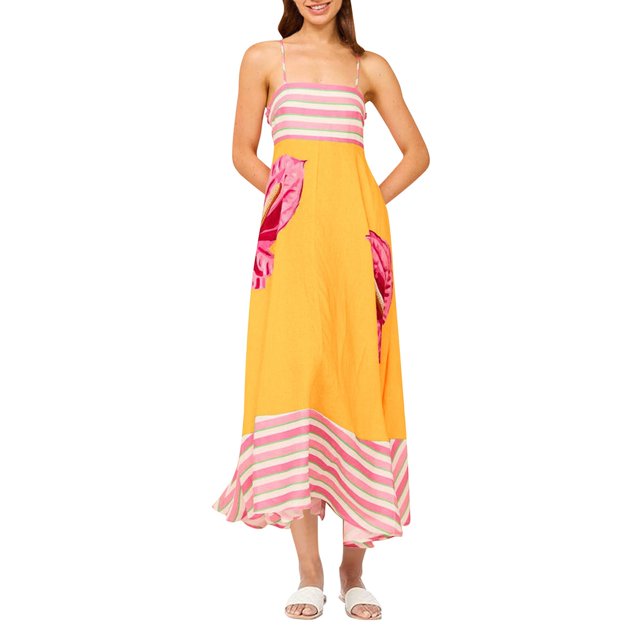 Ovzne Robes pour Femmes 2025 Robe Mode Femme Été Unie Camisoles Sans Manches Col Rond Aguichant Longue Robe Imprimée Liquidation