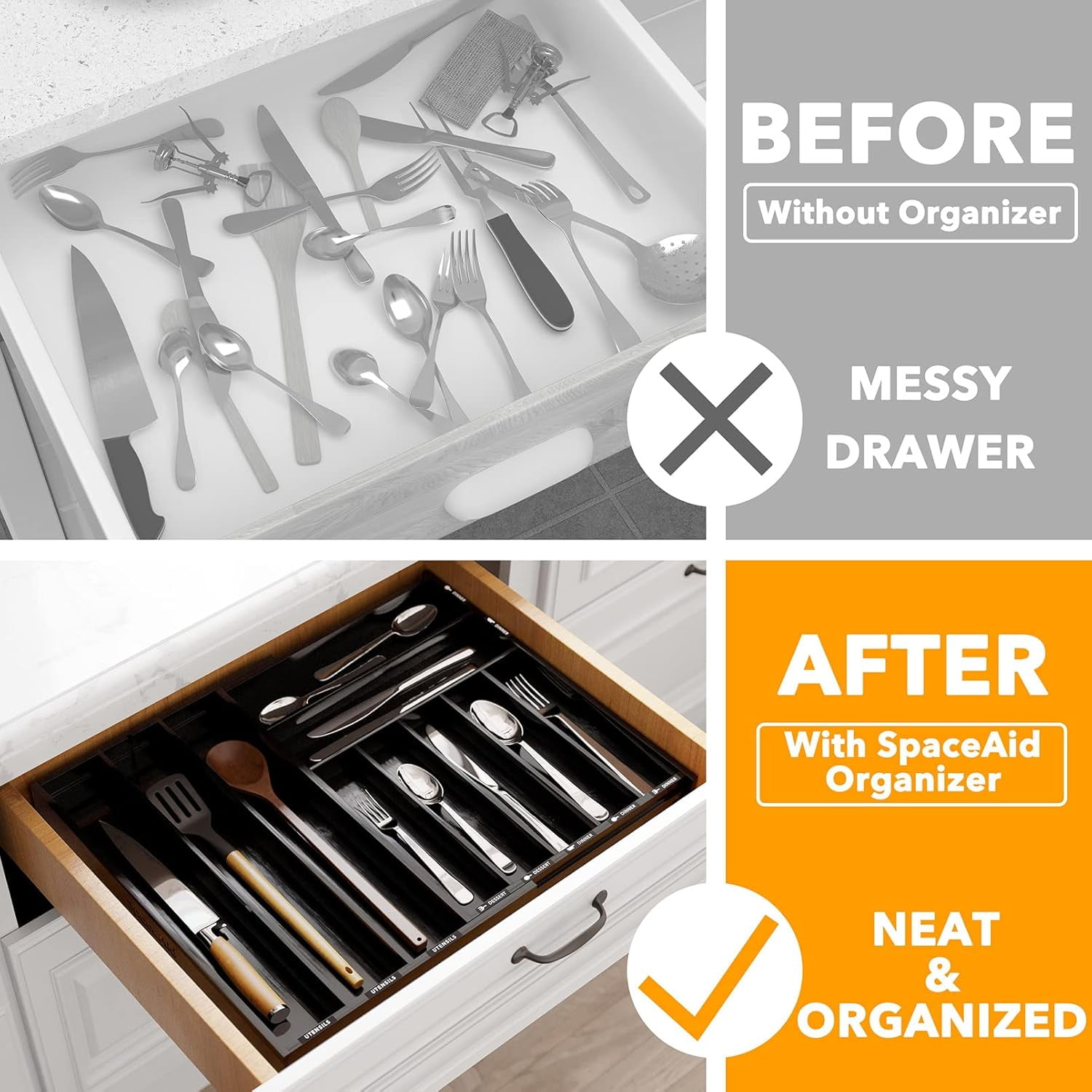 SpaceAid Bamboo Silverware Drawer Organizer with Labels, Expandable, 10 Slots, Black