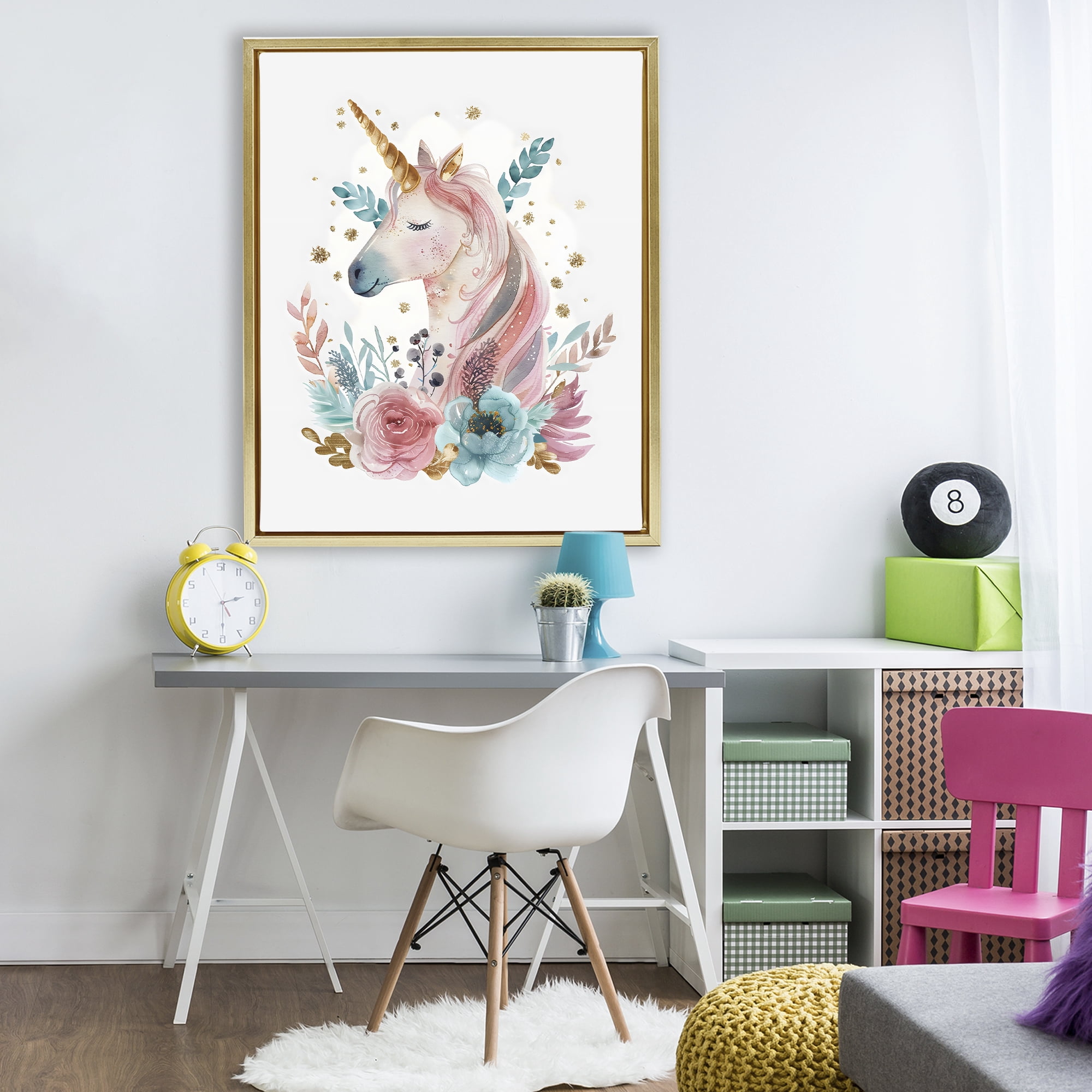 Stupell Industries Floral Unicorn with Gold Details Gold Framed Floater Canvas Wall Art, design by LSR Design Studio