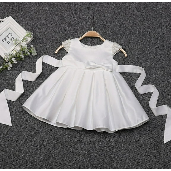 Baby Girls Baptism Dress Girls Christening Gown Flower Girl Dress Pearl Sleeve 18M