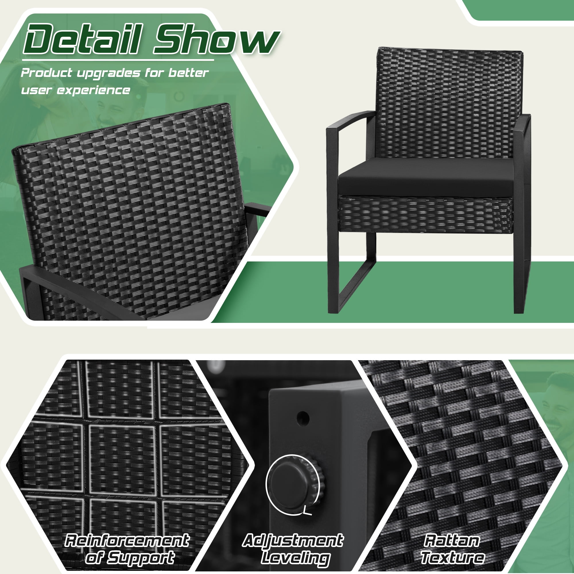 Homall 3-Piece Casual Bistro Set with Wicker Chairs and Coffee Table for Patio Furniture, Black