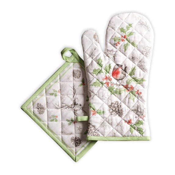 Maison d' Hermine Christmas Dew 100% Cotton Set of Oven Mitt (7.5 Inch by 13 Inch) and Pot Holder (8 Inch by 8 Inch) for BBQ Cooking Baking Grilling Microwave Thanksgiving/Christmas