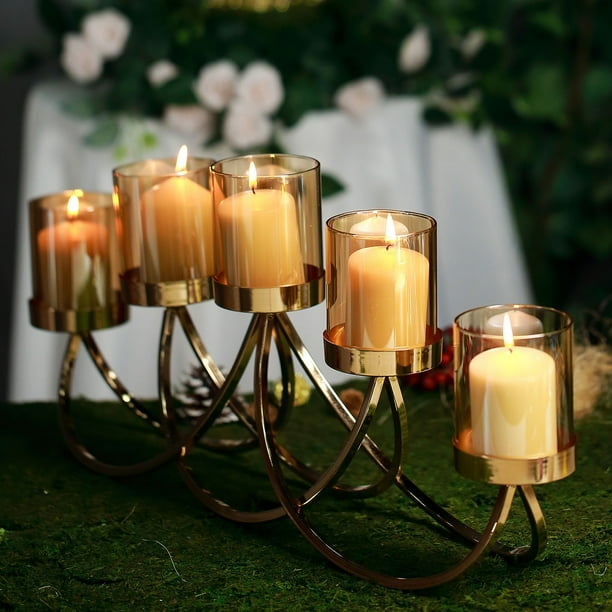 25" Wide 5 Arm Gold Metal Votive Candle Holder Candelabra Centerpiece