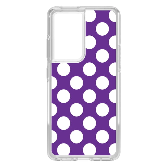 DistinctInk Clear Shockproof Hybrid Case for Galaxy S21 ULTRA 5G (6.8" Screen) - TPU Bumper, Acrylic Back, Tempered Glass Screen Protector - White & Purple Polka Dots