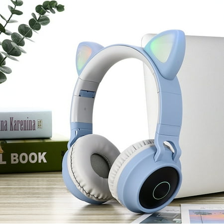 Wireless Bluetooth Kids Headphones KimKen Cat Ears Bluetooth over Ear Headphones with Noise Cancelling Mic Volume Control LED Lights Support FM Radio/TF Card Fit for iPhone/iPad/Laptop/PC (Pink)