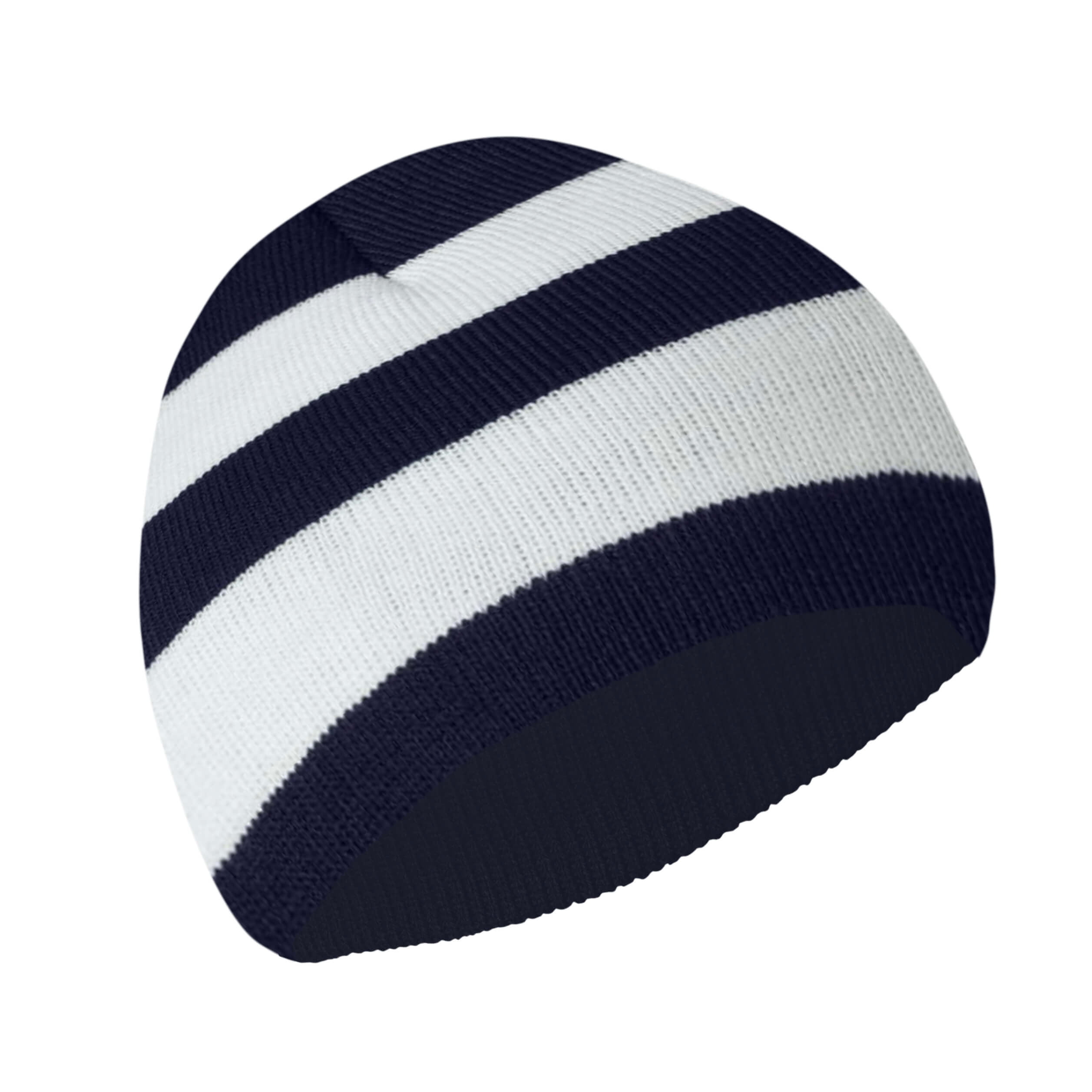 Mens Knitted Warm Thermal Striped Rim Winter Beanie Hat Black/Grey/Navy One Size 