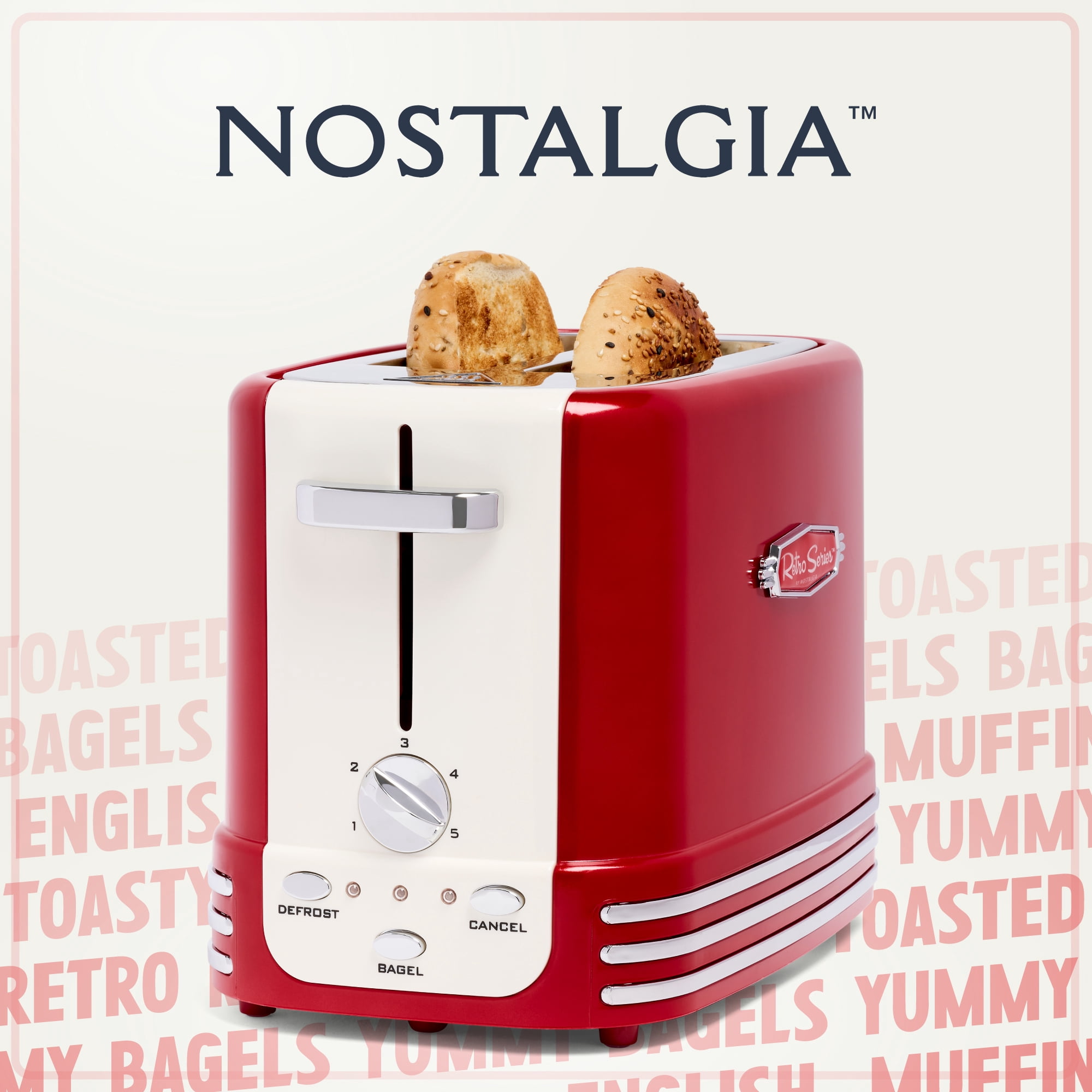 Nostalgia Retro 2 Slice Toaster, Vintage Toaster Oven for Bagels and Thick Bread, Red
