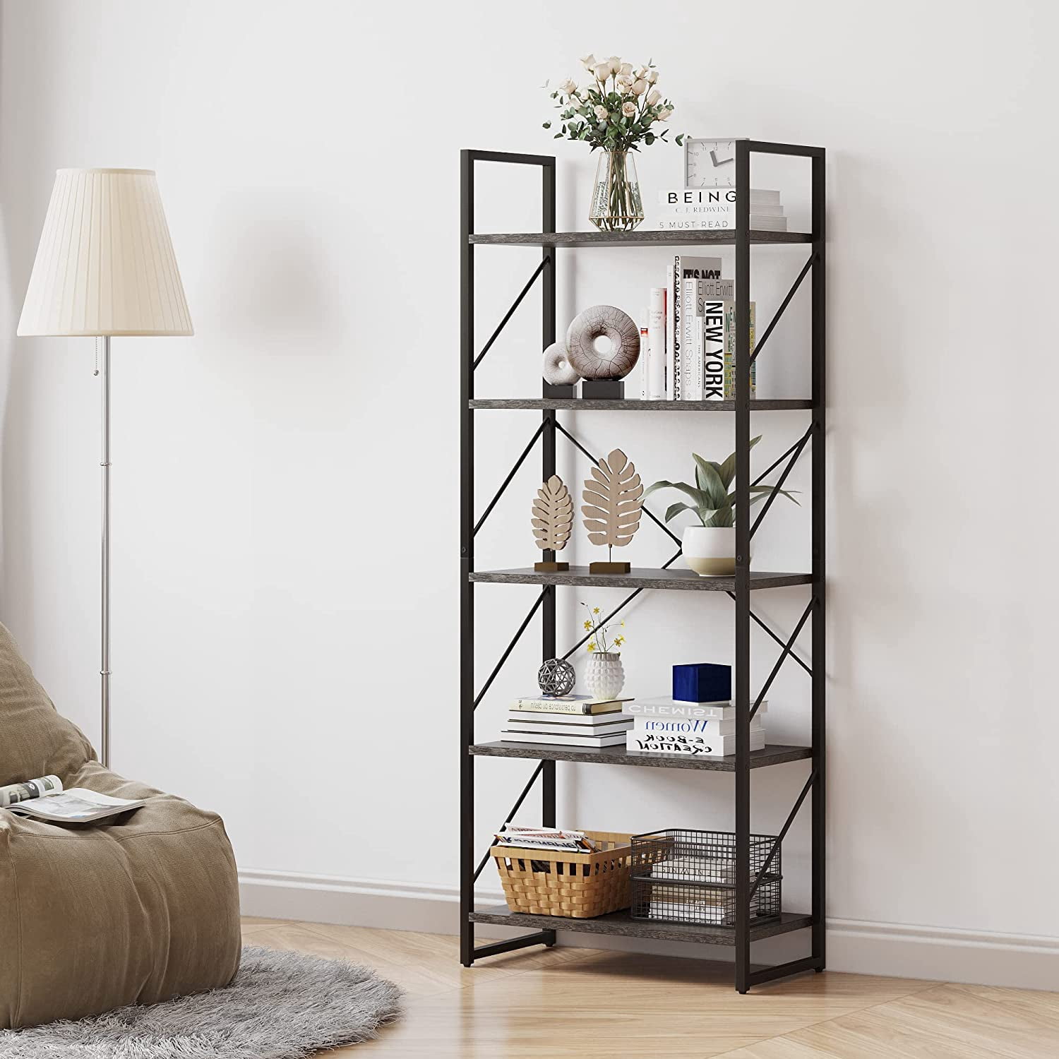 Dextrus 5-Tier Bookcase Storage Shelves, 65 in Ladder Bookshelf, Industrial Furniture for Bedroom Living Room Office, Charcoal Gray &Black
