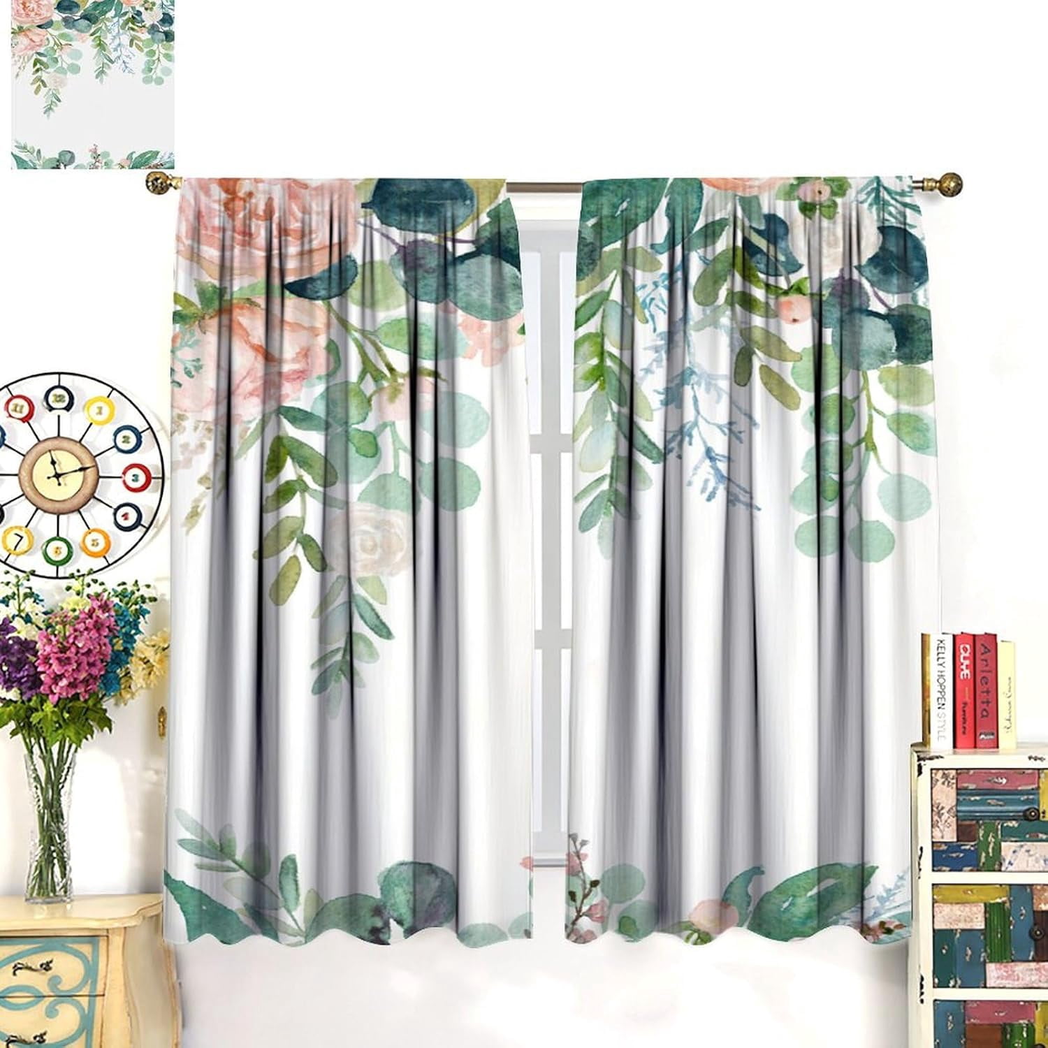 Floral Leaves Curtains Pink Flower Watercolor Leaves Nature Rustic Pattern Blackout Print Rod Pocket Window Drapes for Bedroom Living Room 42x54in