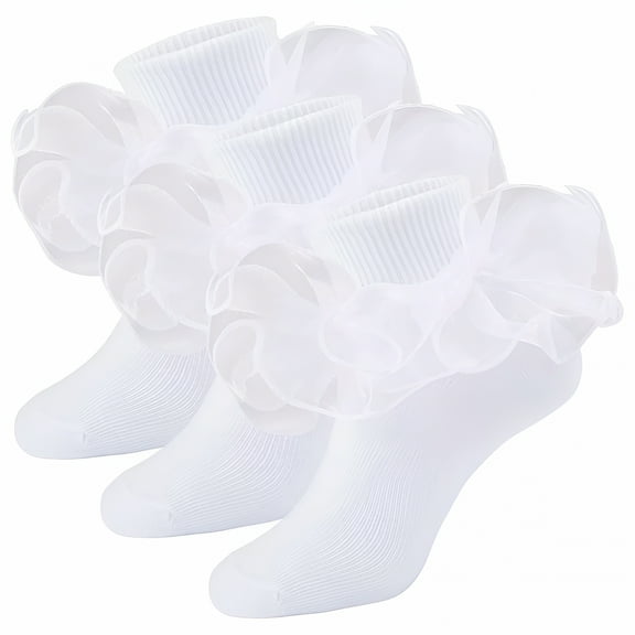 TELOLY Spring Lace Cute Floral Socks for Kids White & Sweet School Big Girls Ruffled Comfy Ruffle 3 Pairs L,White Ruffle Socks Girls