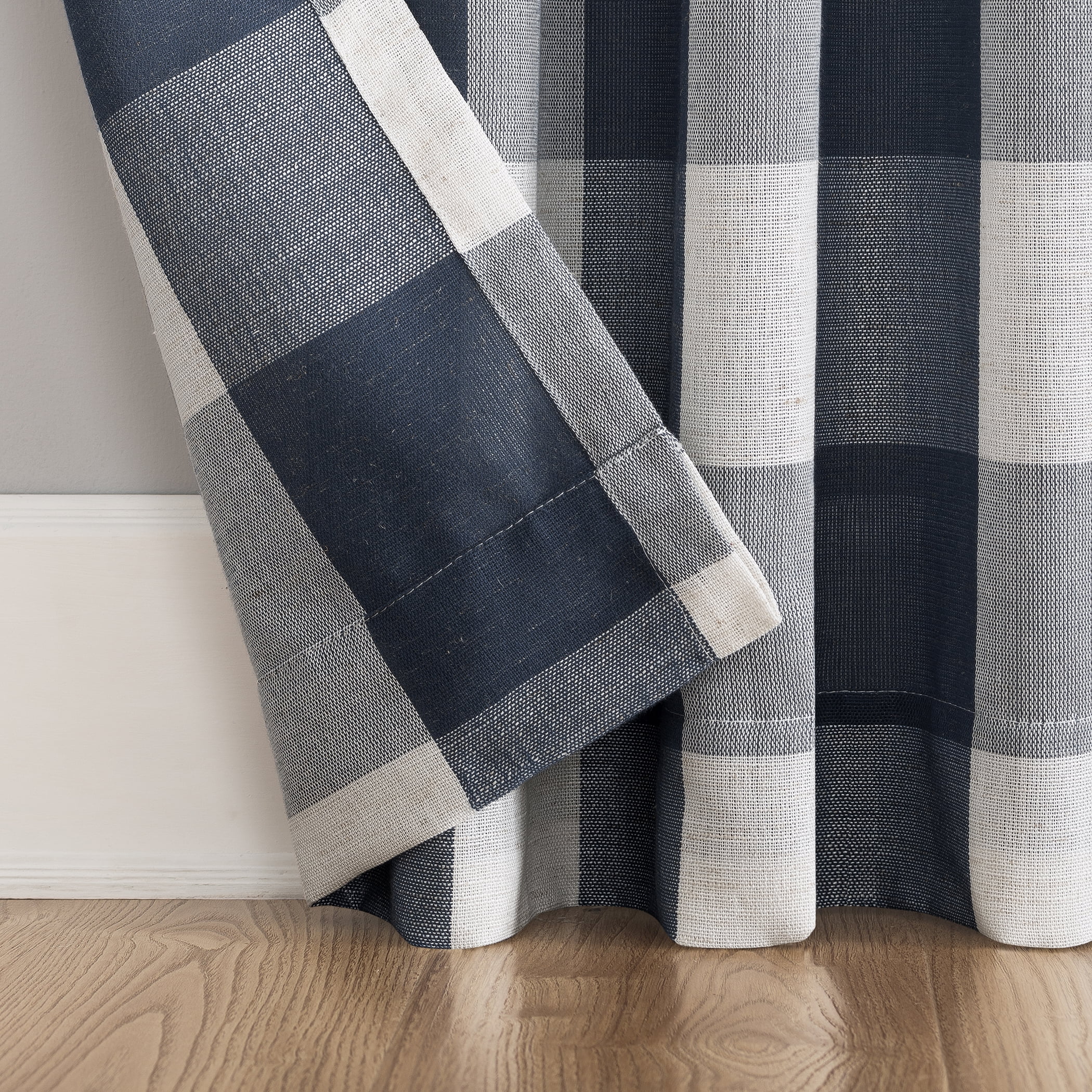 Better Homes and Gardens Buffalo Plaid Semi-Sheer Back Tab Curtain Panel, 50" x 84", Navy