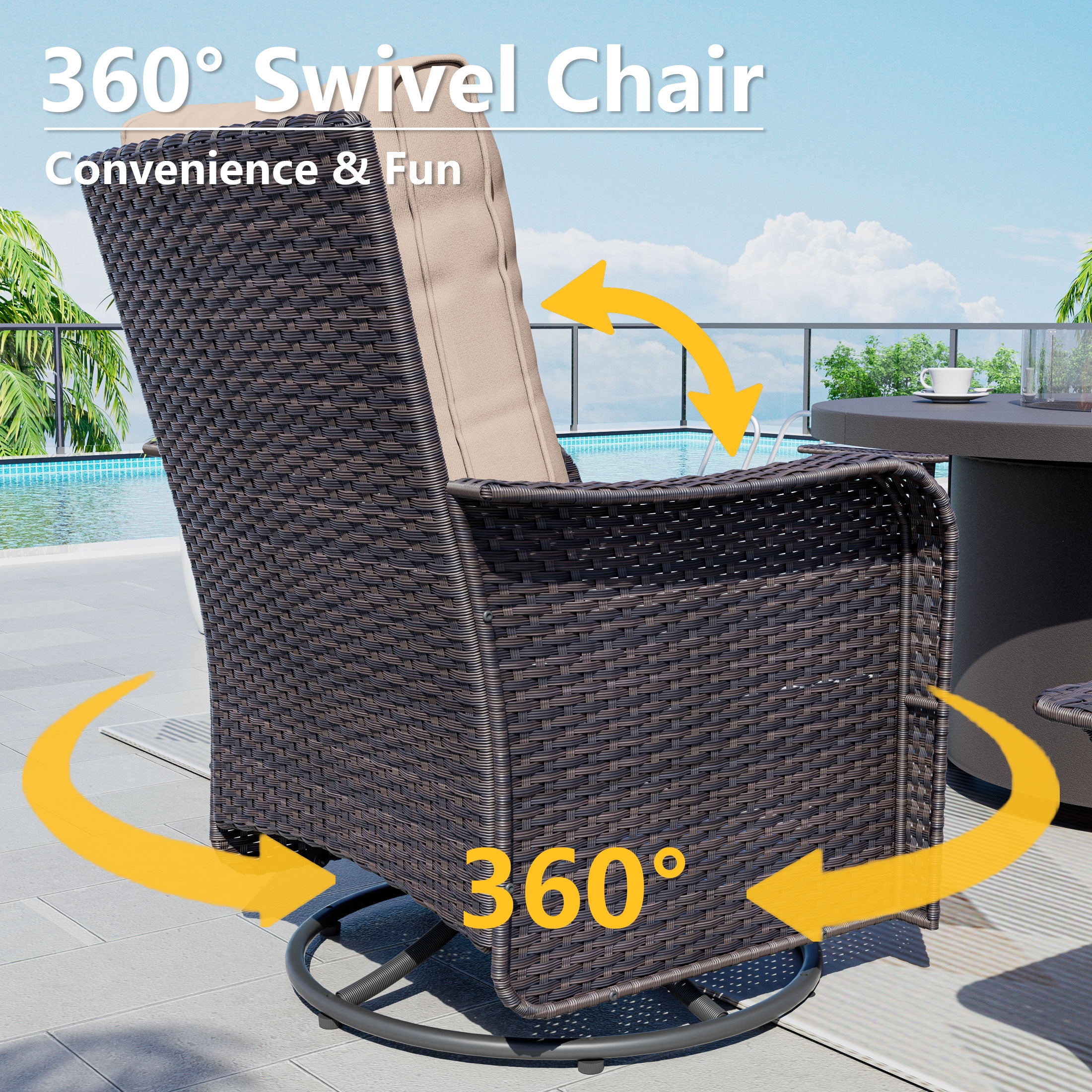 Kullavik 7 Pieces Outdoor Patio Furniture Set with 40000 BTU Round Fire Pit Table,PE Wicker Rattan Swivel Arm Chair Set, Patio Conversation Sets,Sand