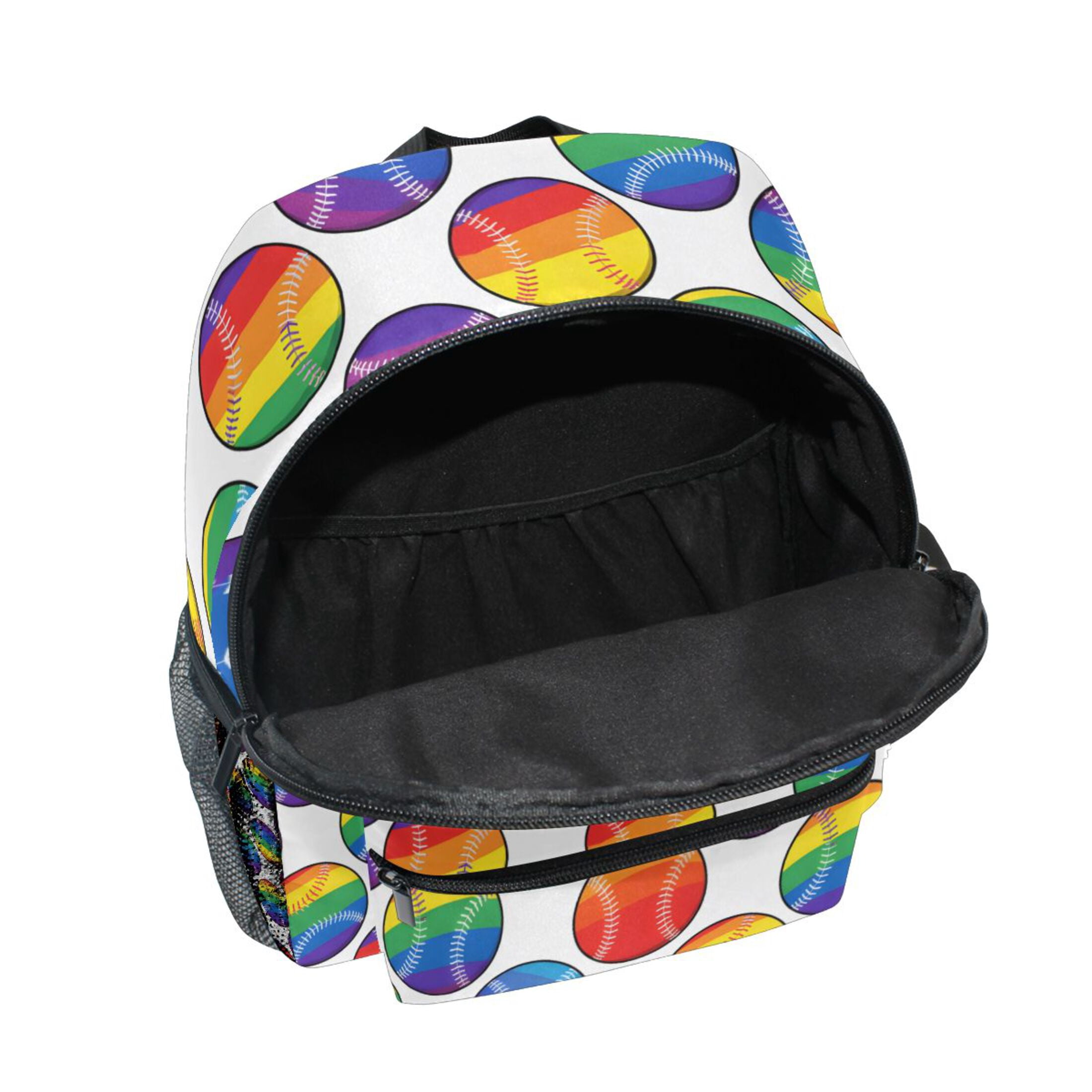 Rainbow Baseball White Background Pattern Mini Backpack Cute Small Backpack with Chest Strap and Whistle Ages 3-8
